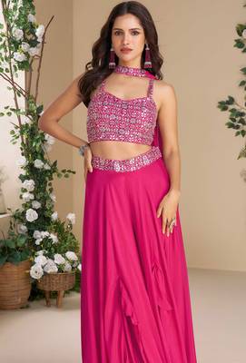 Pink embroidery zari & sequins work chinnon silk blouse palazzo suit - free size Full Stitched (size upto 42) 2