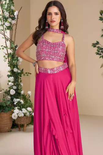 Pink embroidery zari & sequins work chinnon silk blouse palazzo suit - free size Full Stitched (size upto 42)