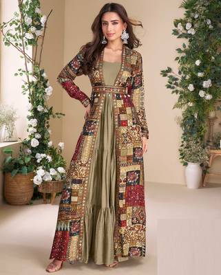 Chiku embroidery & sequins work georgette gown with jacket suit - free size Full Stitched (size upto 42) 1