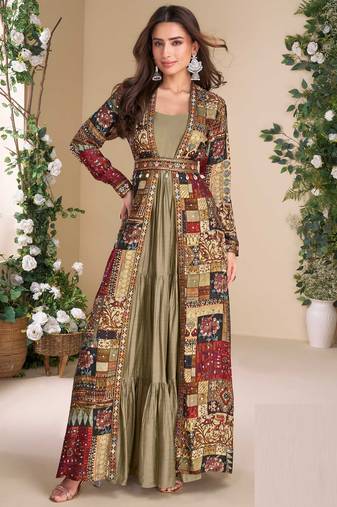 Chiku embroidery & sequins work georgette gown with jacket suit - free size Full Stitched (size upto 42)