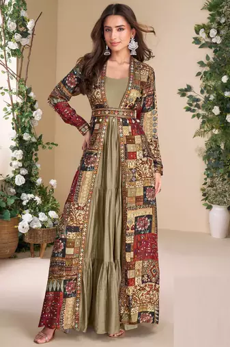Chiku embroidery & sequins work georgette gown with jacket suit - free size Full Stitched (size upto 42)