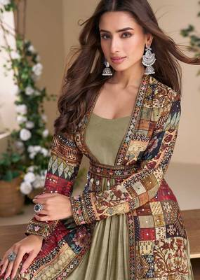 Chiku embroidery & sequins work georgette gown with jacket suit - free size Full Stitched (size upto 42) 2