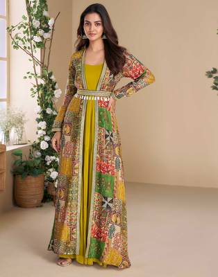 Yellow embroidery & sequins work georgette gown with jacket suit - free size Full Stitched (size upto 42) 1