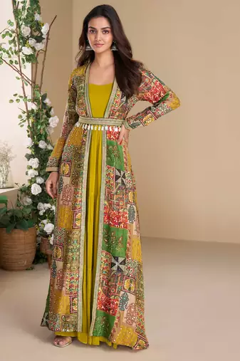 Yellow embroidery & sequins work georgette gown with jacket suit - free size Full Stitched (size upto 42)