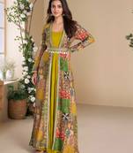 Yellow embroidery & sequins work georgette gown with jacket suit - free size Full Stitched (size upto 42)