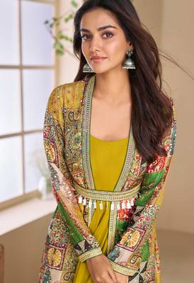 Yellow embroidery & sequins work georgette gown with jacket suit - free size Full Stitched (size upto 42) 2