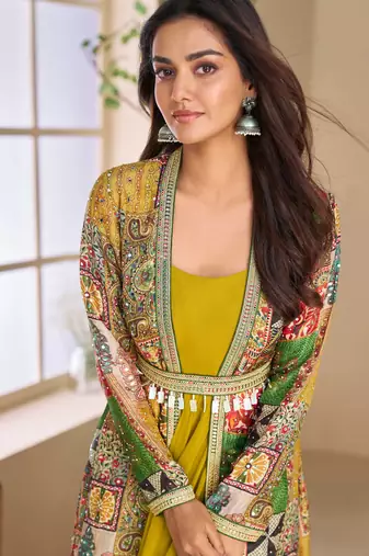 Yellow embroidery & sequins work georgette gown with jacket suit - free size Full Stitched (size upto 42)