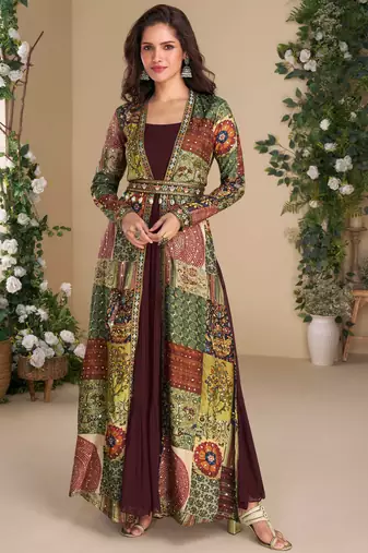 Maroon embroidery & sequins work georgette gown with jacket suit - free size Full Stitched (size upto 42)