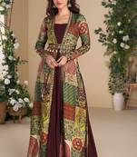 Maroon embroidery & sequins work georgette gown with jacket suit - free size Full Stitched (size upto 42)