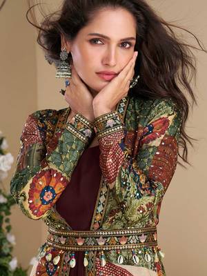 Maroon embroidery & sequins work georgette gown with jacket suit - free size Full Stitched (size upto 42) 2