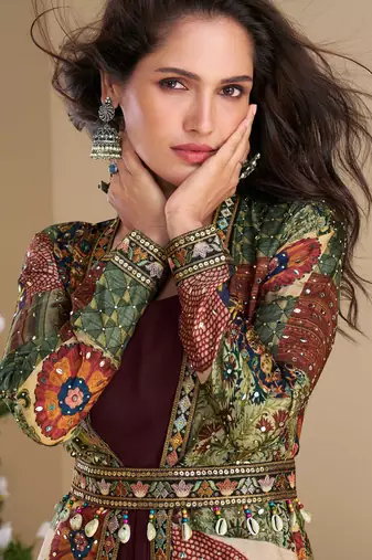 Maroon embroidery & sequins work georgette gown with jacket suit - free size Full Stitched (size upto 42)