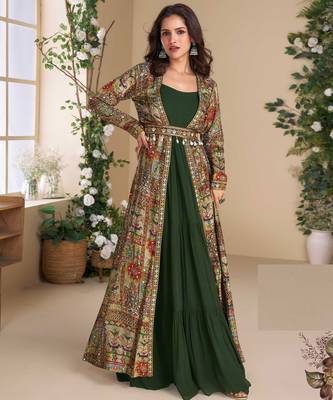 Green embroidery & sequins work georgette gown with jacket suit- free size Full Stitched (size upto 42) 1