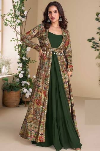 Green embroidery & sequins work georgette gown with jacket suit- free size Full Stitched (size upto 42)