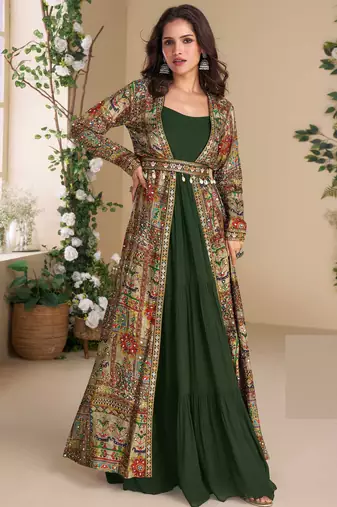 Green embroidery & sequins work georgette gown with jacket suit- free size Full Stitched (size upto 42)