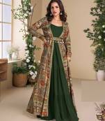 Green embroidery & sequins work georgette gown with jacket suit- free size Full Stitched (size upto 42)