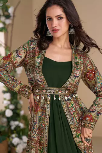 Green embroidery & sequins work georgette gown with jacket suit- free size Full Stitched (size upto 42)