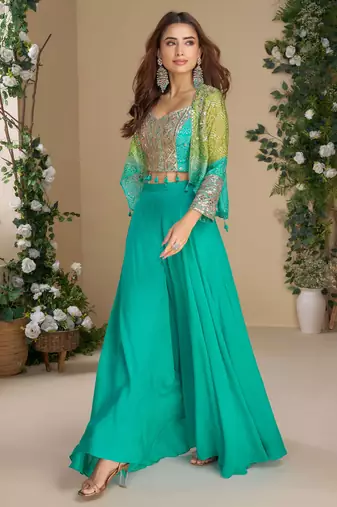 Blue embroidery sequins printed jacket work chinnon silk blouse palazzo suit - free size full stitched (size upto 42")