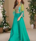 Blue embroidery sequins printed jacket work chinnon silk blouse palazzo suit - free size full stitched (size upto 42")