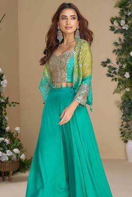 Blue embroidery sequins printed jacket work chinnon silk blouse palazzo suit - free size full stitched (size upto 42") 2