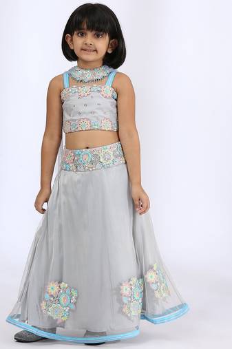 Grey embroidered cotton silk lehenga