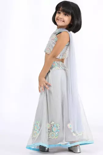 Grey embroidered cotton silk lehenga