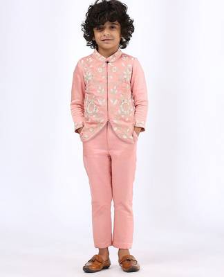 Peach embroidered satin jacket paired with pant 1