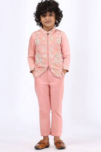 Peach embroidered satin jacket paired with pant