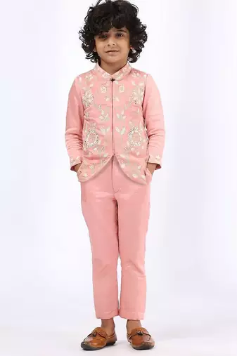 Peach embroidered satin jacket paired with pant