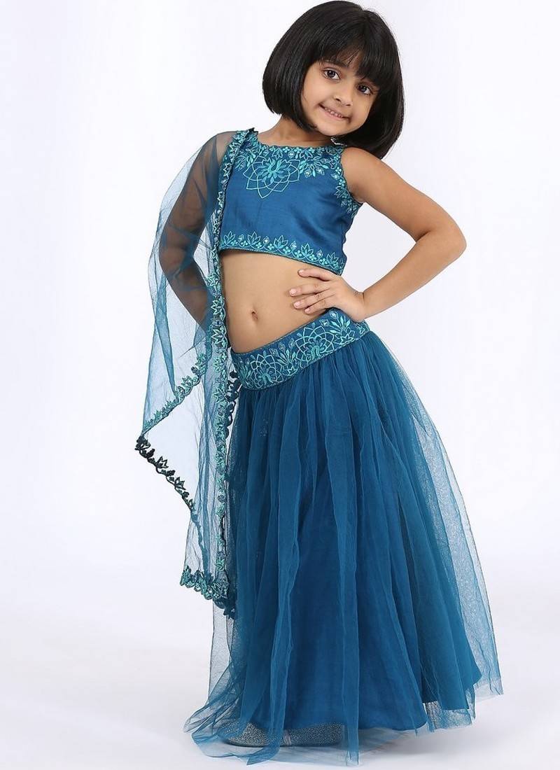 Blue embroidered satin lehenga