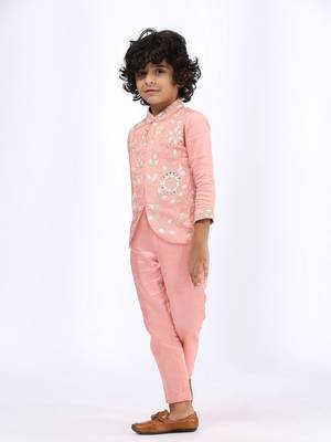 Peach embroidered satin jacket paired with pant 2