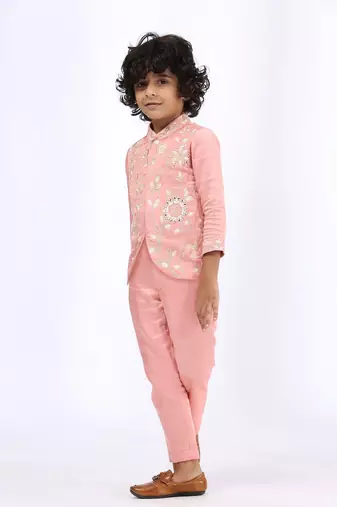 Peach embroidered satin jacket paired with pant