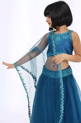 Blue embroidered satin lehenga