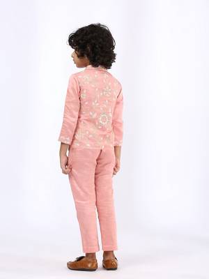 Peach embroidered satin jacket paired with pant 3