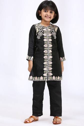 Black embroidered satin kurta set