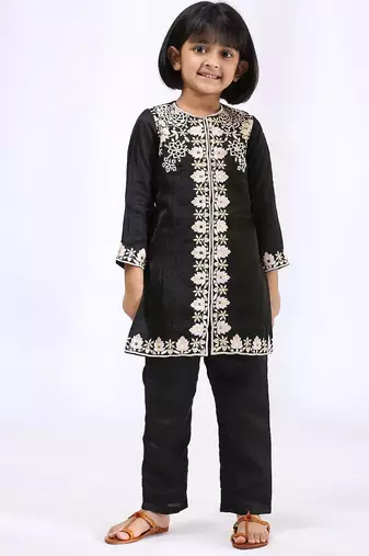 Black embroidered satin kurta set