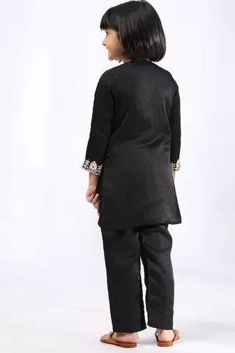 Black embroidered satin kurta set