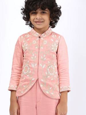 Peach embroidered satin jacket paired with pant 4