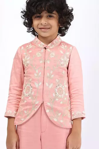 Peach embroidered satin jacket paired with pant