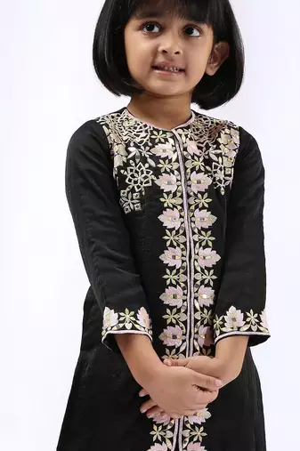 Black embroidered satin kurta set