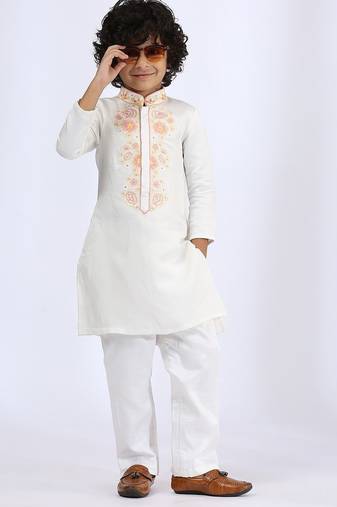 White embroidered satin kurta pyjama