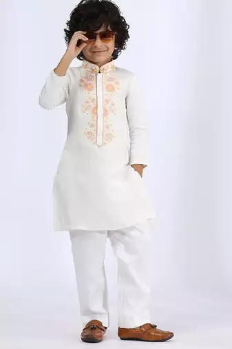 White embroidered satin kurta pyjama