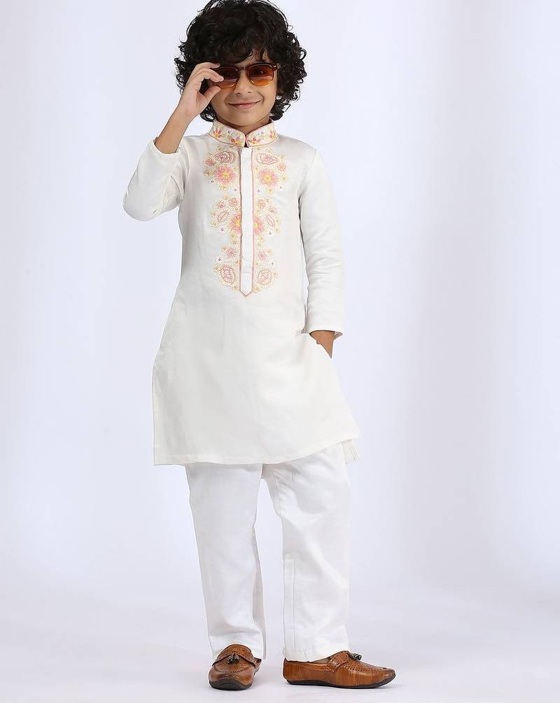 White embroidered satin kurta pyjama