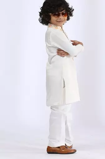 White embroidered satin kurta pyjama
