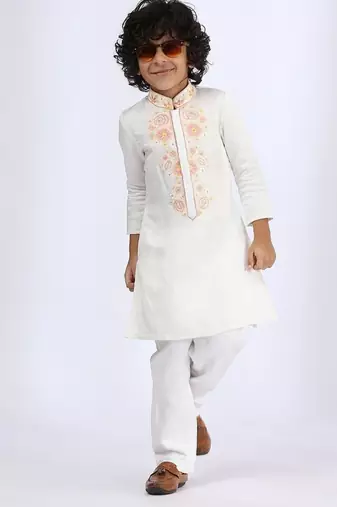 White embroidered satin kurta pyjama