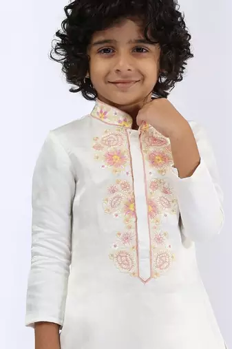 White embroidered satin kurta pyjama