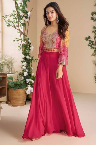 Pink embroidery sequins printed jacket chinnon silk blouse palazzo suit - free size Full Stitched (size upto 42)