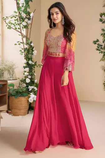 Pink embroidery sequins printed jacket chinnon silk blouse palazzo suit - free size Full Stitched (size upto 42)