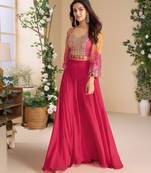 Pink embroidery sequins printed jacket chinnon silk blouse palazzo suit - free size Full Stitched (size upto 42)