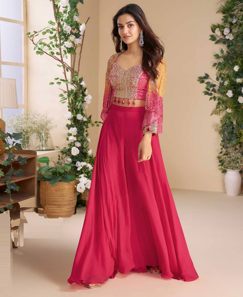 Pink embroidery sequins printed jacket chinnon silk blouse palazzo suit - free size Full Stitched (size upto 42)