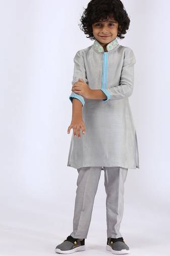 Grey plain satin kurta pyjama